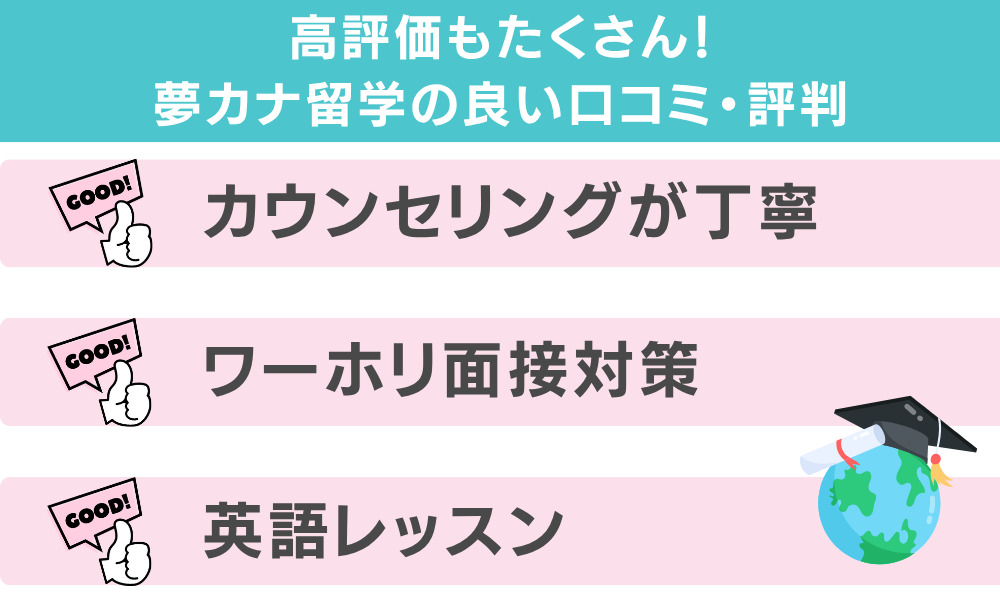 高評価もたくさん！｜夢カナ留学の良い口コミ・評判